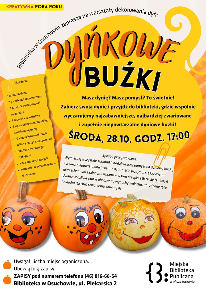 Oficjalny plakat warsztatów Dyńkowe buźki w Osuchowie, 28 października 2026
