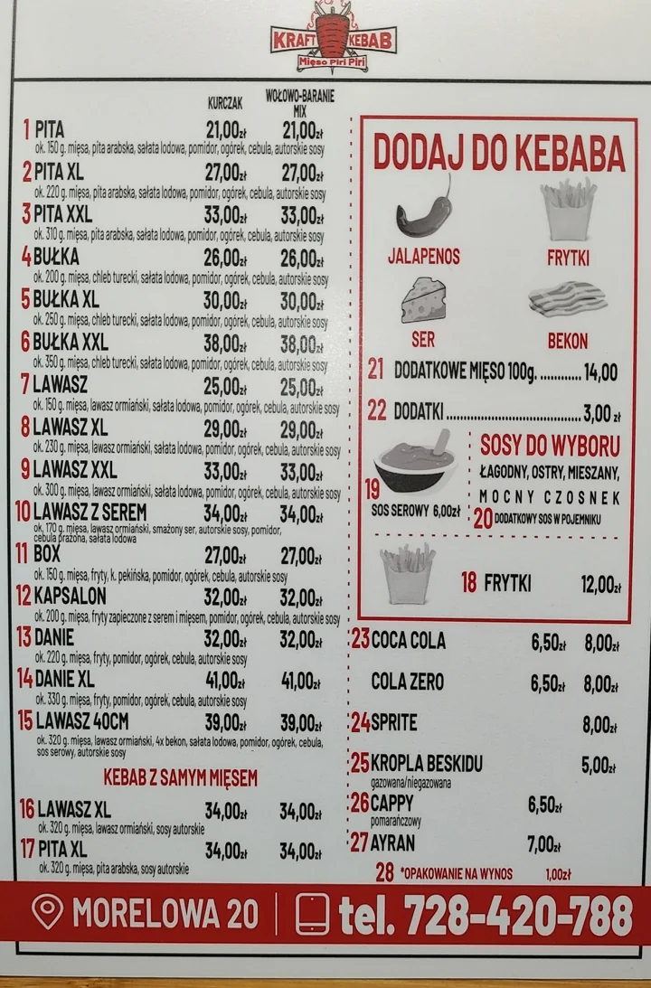 Kraft Kebab: karta dań