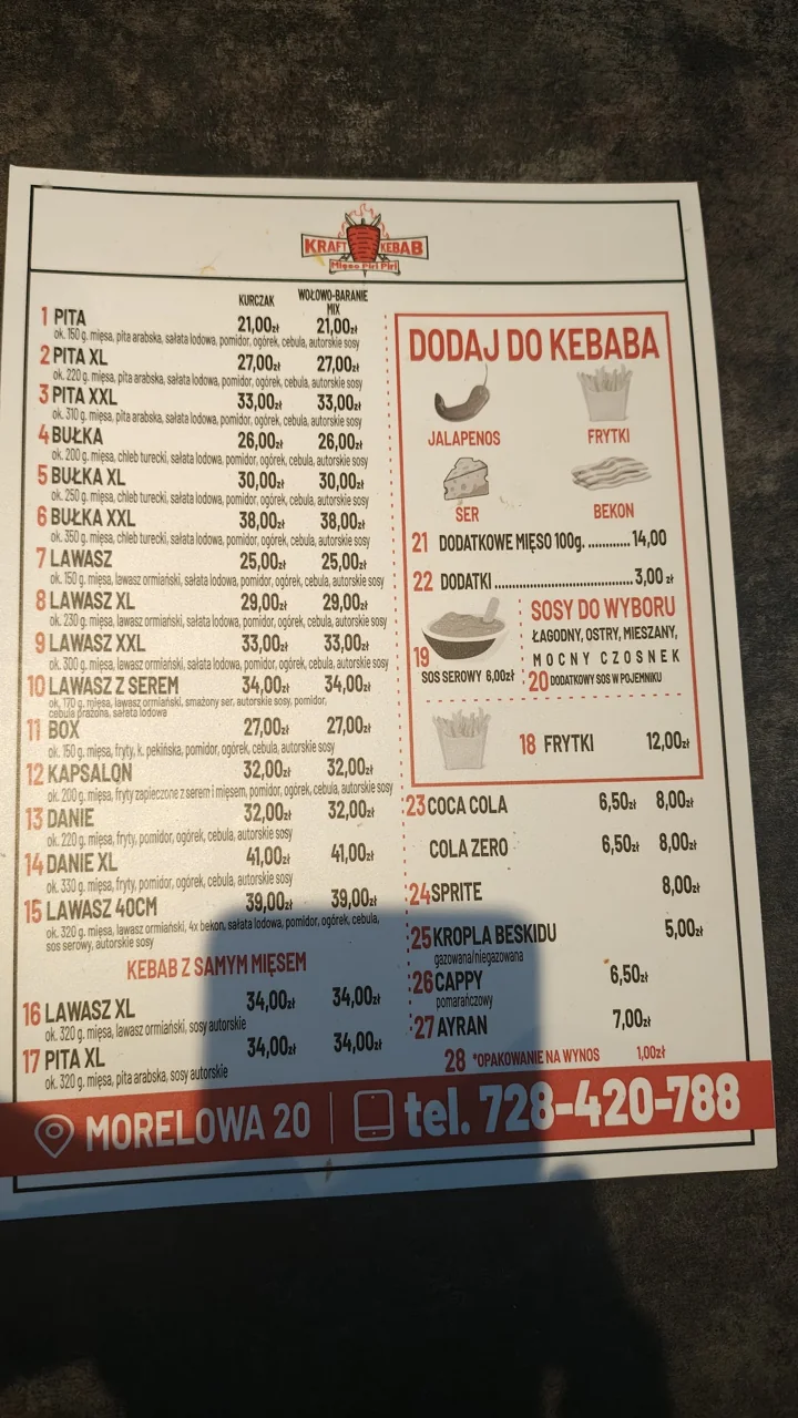 Kraft Kebab: karta dań